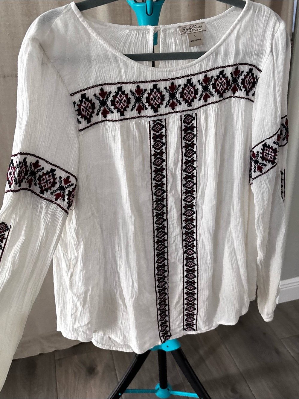 Lucky Brand White Boho Embroidered Tunic with Black and Burgundy Detail